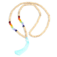 2018 Long Wooden Bead Silk Mala Tassel Necklace